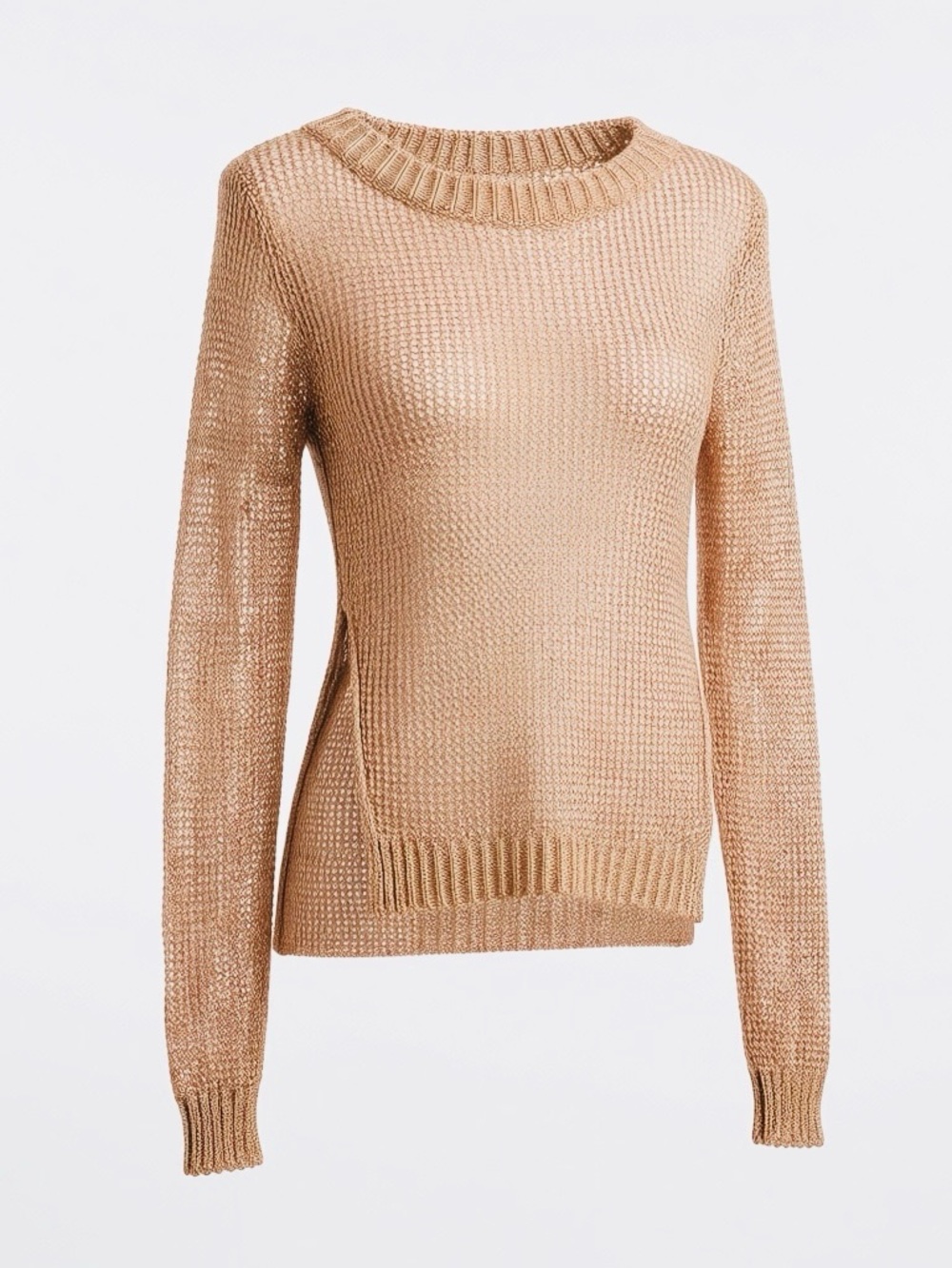 love J Open-Knit Scoop Crewneck Split Hem Sweater in Metallic Gold - Small, NWOT